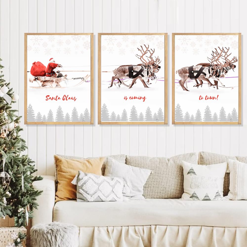 Framed Christmas Wall Art, 3 Pack 12x16 Inch Santa Claus with Sleigh Deer Canvas Pictures for Bedroom Office Home Decor