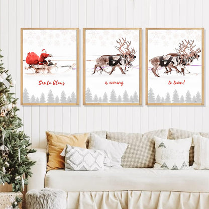 Framed Christmas Wall Art, 3 Pack 12x16 Inch Santa Claus with Sleigh Deer Canvas Pictures for Bedroom Office Home Decor