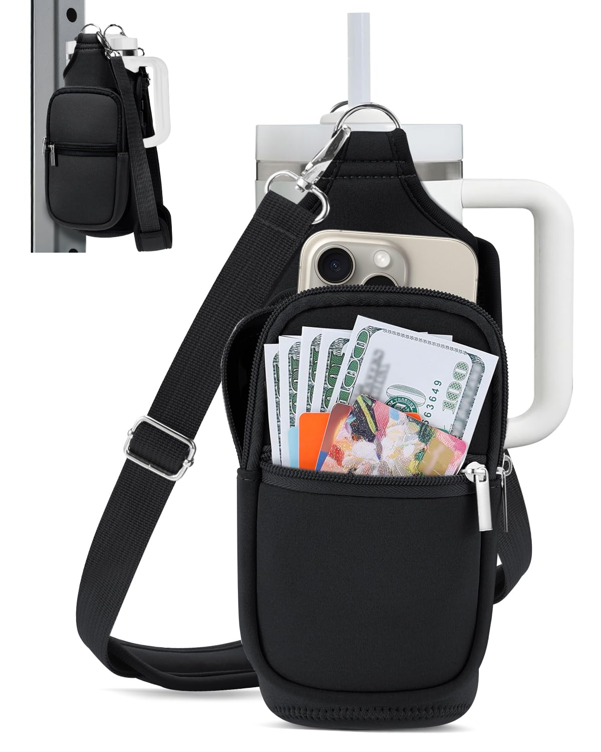 IPOW Magnetic Gym Bag Water Bottle Carrier Holder with Phone Pockets & Shoulder Strap for Men Women,Water Bottle Holder, Gym Pouch, Crossbody Bag for Travel, Sports, Work, Fitness - Black