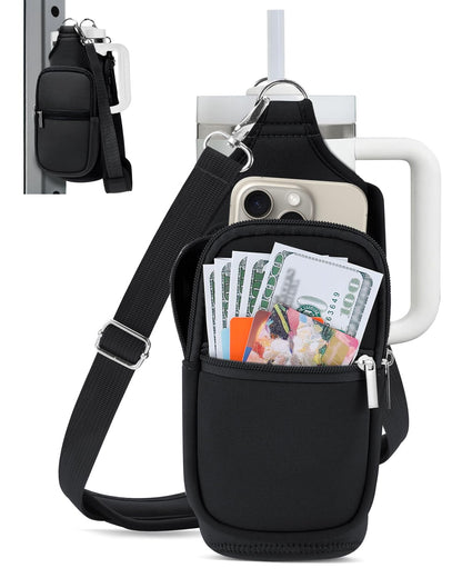 IPOW Magnetic Gym Bag Water Bottle Carrier Holder with Phone Pockets & Shoulder Strap for Men Women,Water Bottle Holder, Gym Pouch, Crossbody Bag for Travel, Sports, Work, Fitness - Black