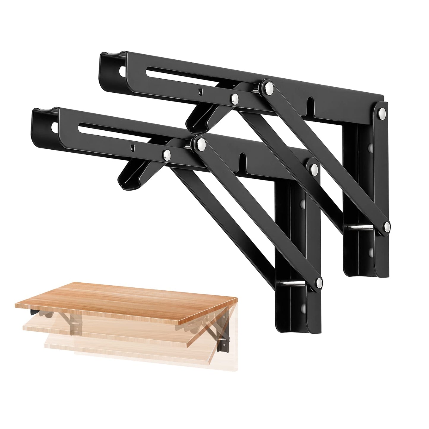 Ravinte 10 Inch Folding Shelf Brackets - Matte Black Collapsible Heavy Duty Brackets for Table Bench - Space Saving, 2 Pack ﻿
