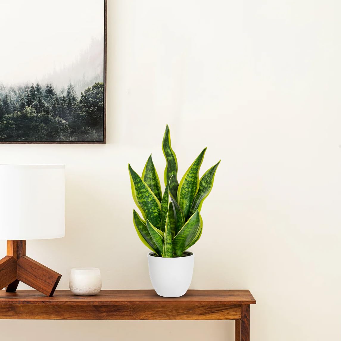 Hollyone Artificial Snake Plant Potted Faux Sansevieria Trifasciata Plants, 18" Tropical Fake Plants in White Pots for Home Office Room Indoor Decor Housewarming Gifts