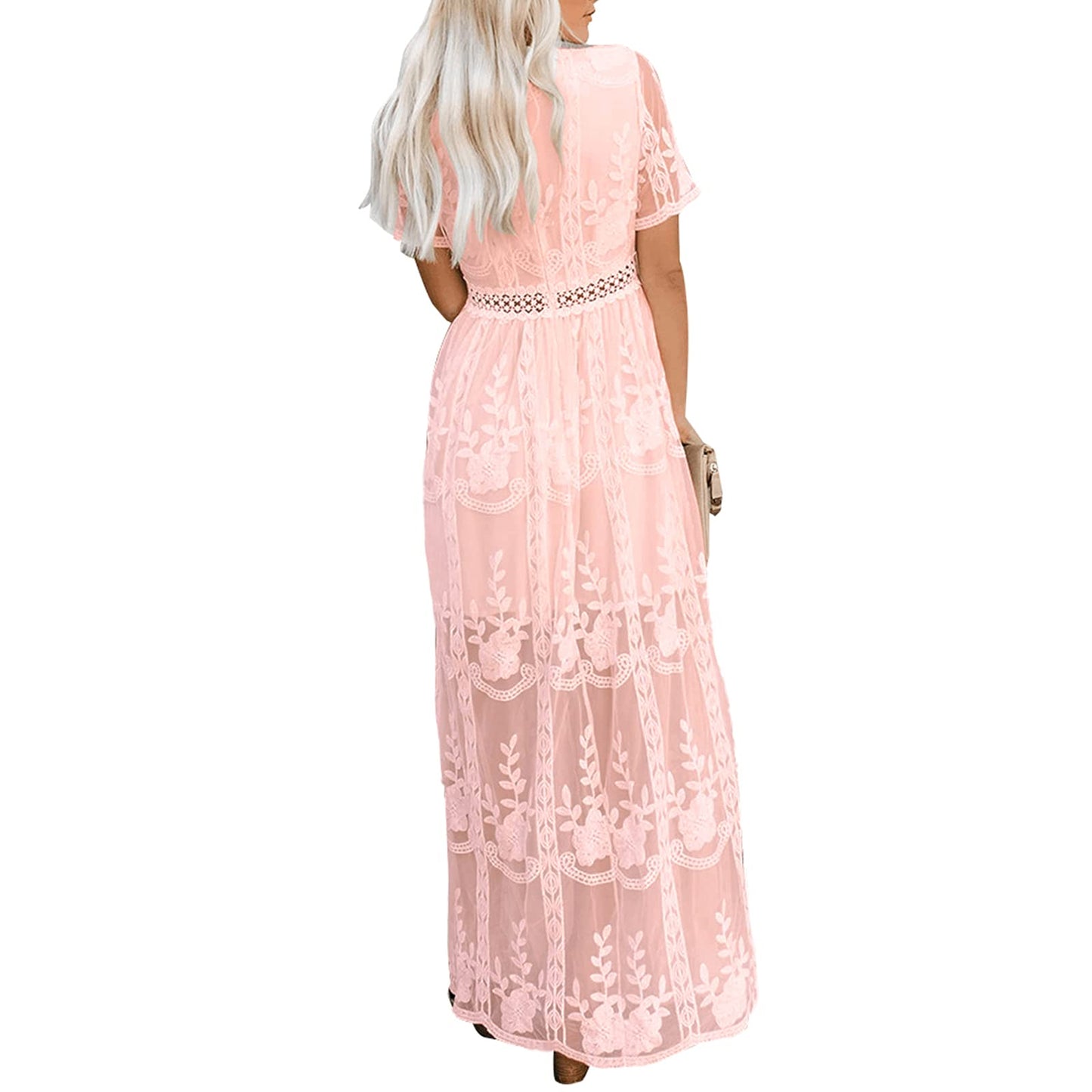 Womens Deep V Neck Short Sleeve Floral Lace Dress Long Bridesmaid Maxi Dresses