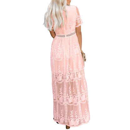 Womens Deep V Neck Short Sleeve Floral Lace Dress Long Bridesmaid Maxi Dresses