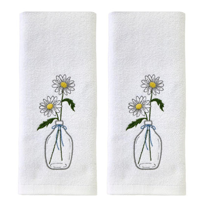 SKL Home Daisies in Vase 100% Cotton Embroidered 2pc Hand Towel Set, Decorative for Bath/Kitchen/Bar & Gift, Optic White