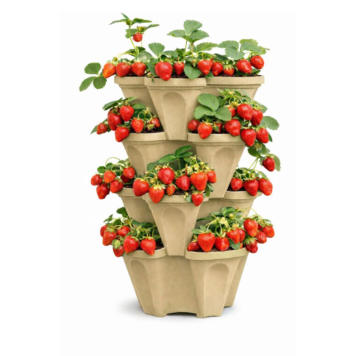 Stackable Vertical Planter Tower, 4 Tier Strawberry Planter,16 Plant Sites, Space Saving Garden Planter for Vegetables & Herbs, Indoor Outdoor, Made in USA (Desert Sand)