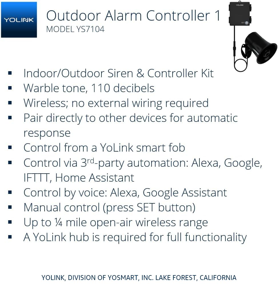 YoLink Hub and Outdoor Security Siren & Smart Alarm Controller Kit - Loud 110 dB, Wireless, Battery-Powered, 1/4 Mile Range, Android-iOS App, Alexa, Google, IFTTT, Home Assistant