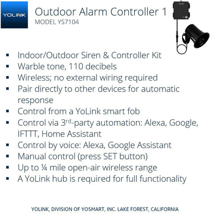 YoLink Hub and Outdoor Security Siren & Smart Alarm Controller Kit - Loud 110 dB, Wireless, Battery-Powered, 1/4 Mile Range, Android-iOS App, Alexa, Google, IFTTT, Home Assistant