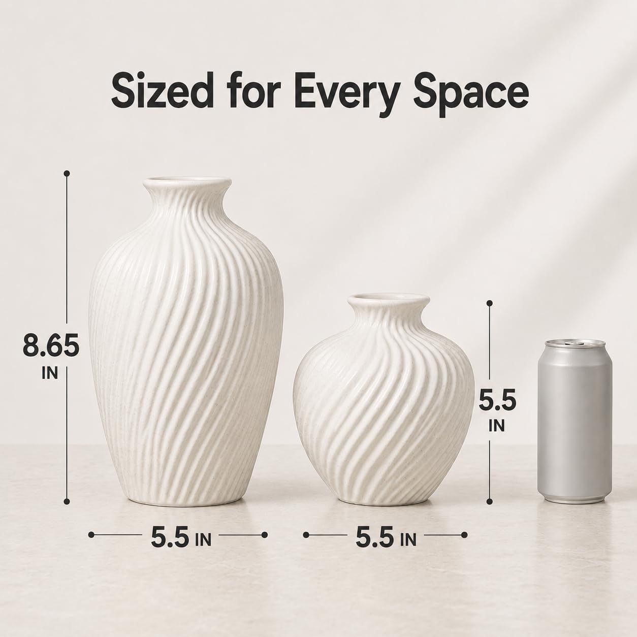 White Ceramic Vase Set of 2 - Modern Flower Vases for Home Decor - Rustic Textured White Vase for Living Room Decor - 8.65×5.5 & 5.5×5.5 Inch Round Vases for Dining Table Centerpiece Decoration