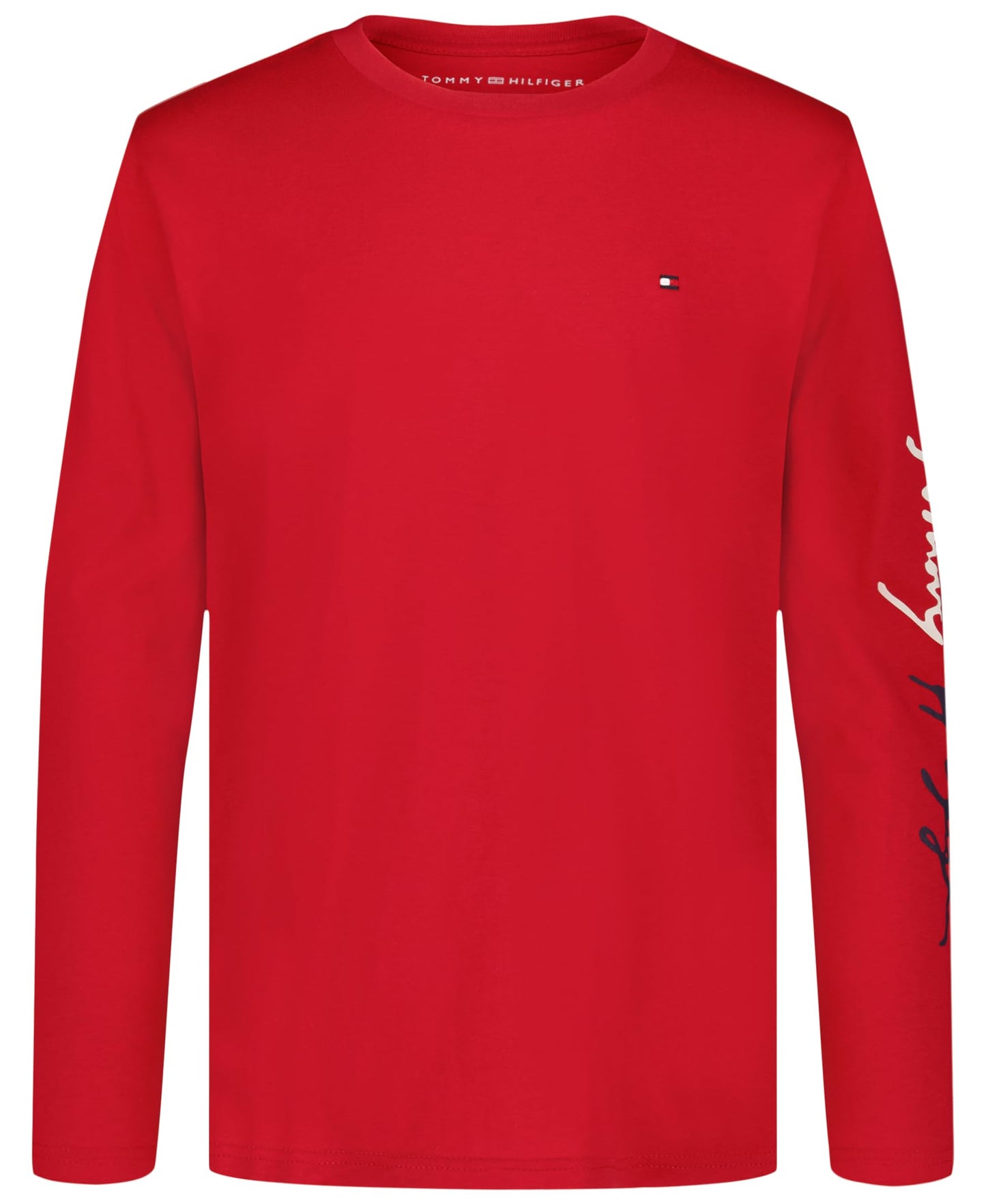 Tommy Hilfiger Boys' Long Sleeve Crew Neck T-Shirt, Script Scarlet Sage, 10-12