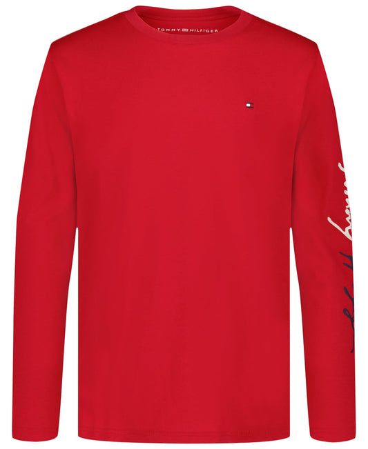 Tommy Hilfiger Boys' Long Sleeve Crew Neck T-Shirt, Script Scarlet Sage, 10-12