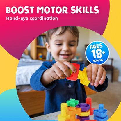 Skoolzy 12 Pc Jumbo Nuts and Bolts - Montessori Set for 18 Month+ Kids – Travel & Motor Skills Development