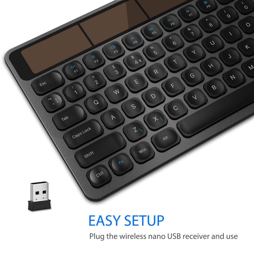 Arteck Solar Wireless Keyboard Full Size Solar Recharging Keyboard for Computer/Desktop/PC/Laptop/Surface/Smart TV and Windows 10/8 / 7 / Vista/XP Built in Rechargeable Battery
