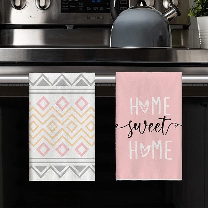 Artoid Mode Pink Stripes Home Sweet Home Boho Kitchen Towels Dish Towels