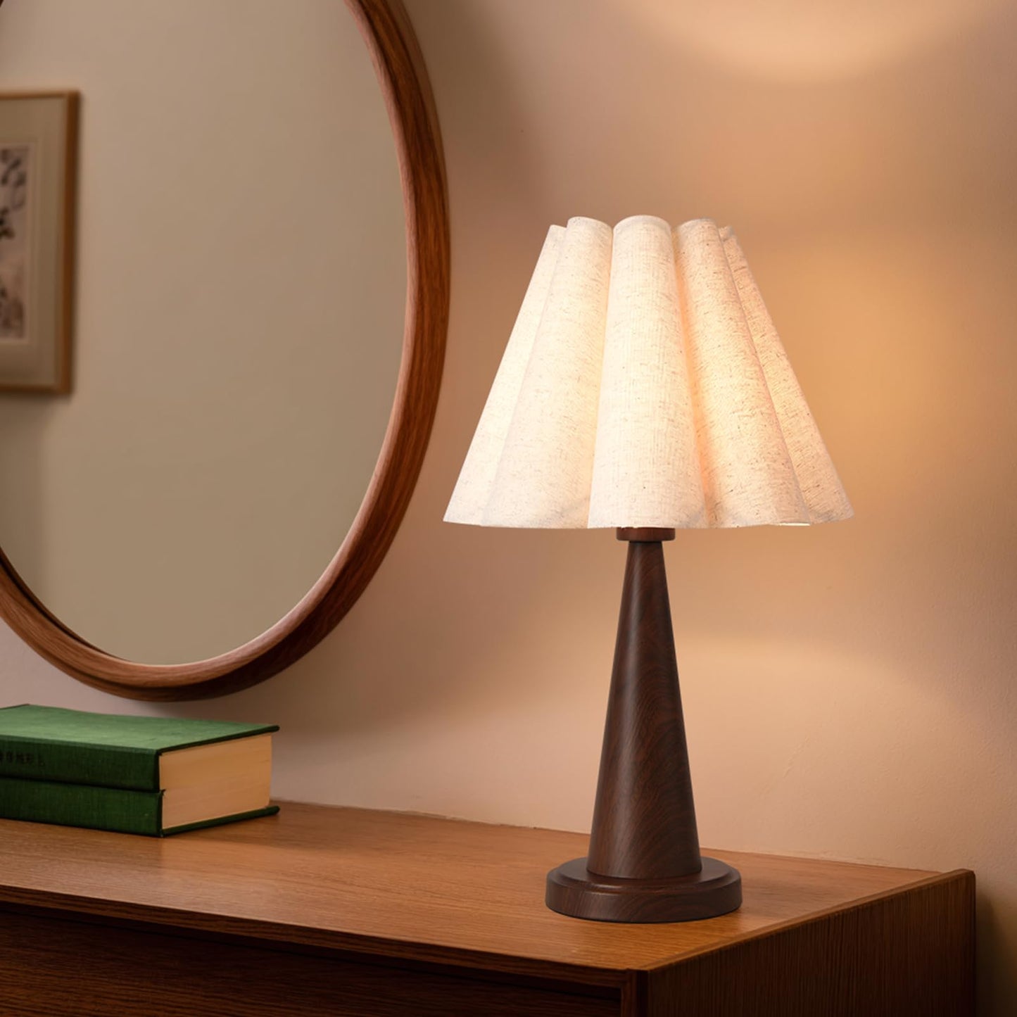 Fengarolam Modern Table Lamp with Petal Linen Lampshade, Dark Faux Wood Metal Base – 20.5” Bedside Nightstand Lamp for Bedroom, Living Room, Office, E26 Base, Max 60W (Bulb Not Included)