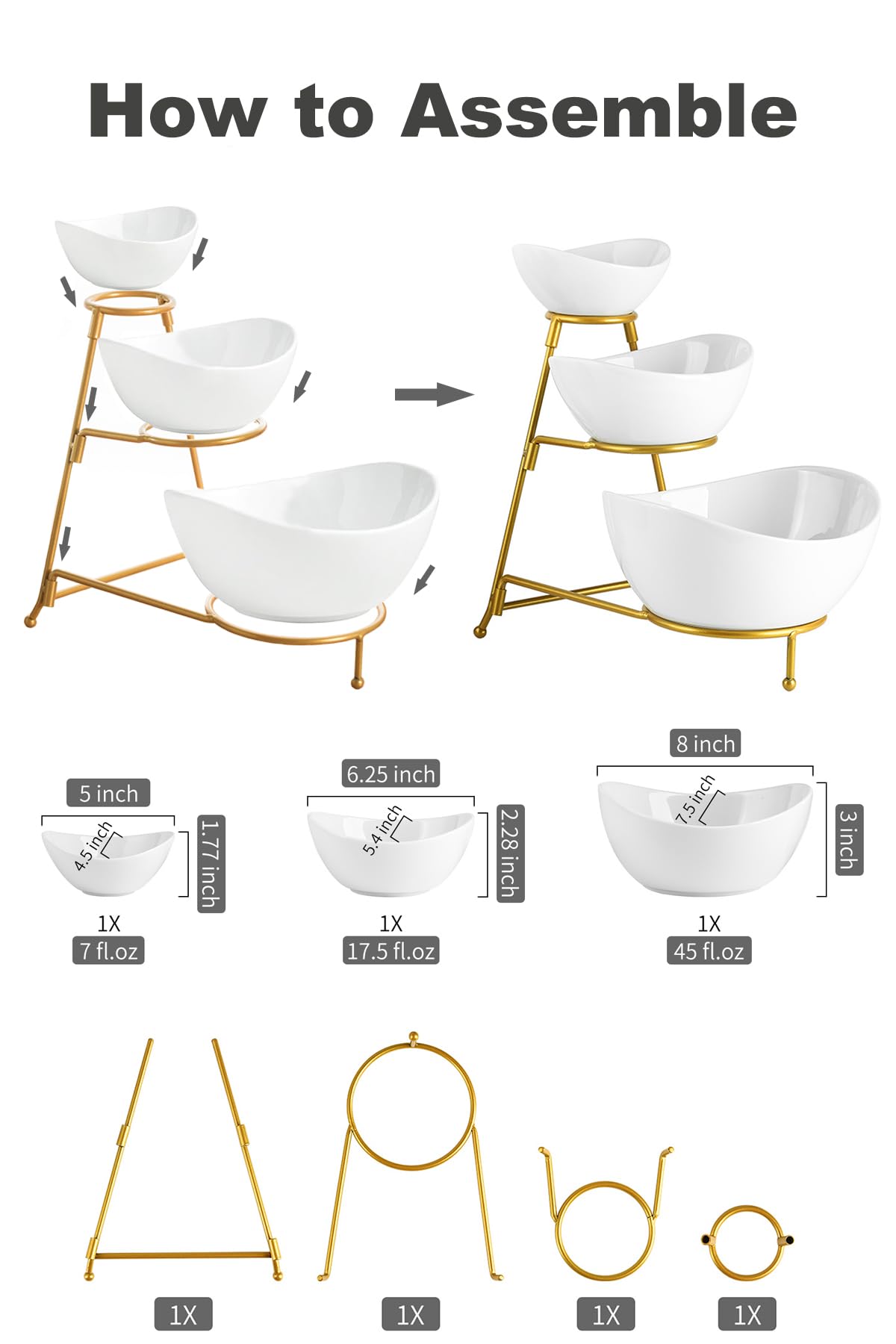 LAUCHUH 3 Tier Serving Stand Serving Dishes for Entertaining Porcelain Oval Bowl Set Tiered Serving Tray for Fruit, Vegetable, Nuts, Salad, Chip Dip Bowl Set for Father's Day, Gold