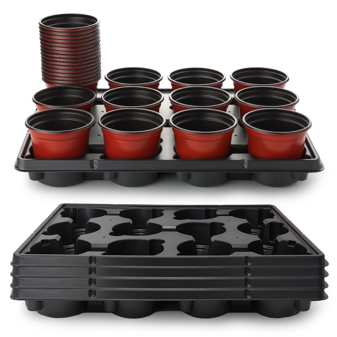 RooTrimmer 4 inch Round Nursery Pots 60pcs, 12 Cell Nursery Pots Trays 5 Pcs, Sturdy Seeds Starting Germination Shuttle Carrying Trays, Small Planter Nursery Propagation 5 Sets
