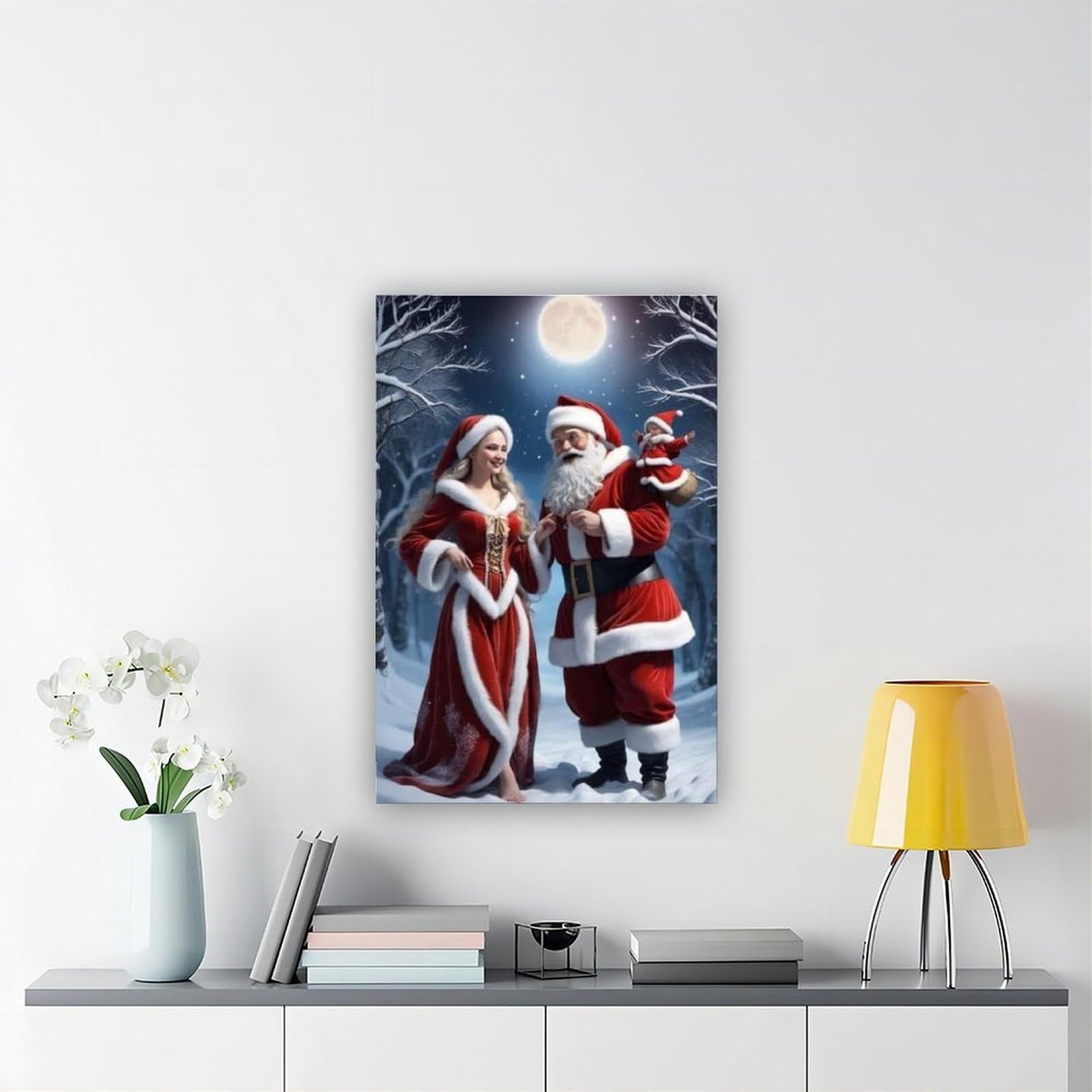 Santa Claus Family Figurine Set Christmas Decorations Including Mrs. Santa Claus Poster Wall Art Decor Print Picture Paintings for Living Room Bedroom Decoration Frame 24x36inch