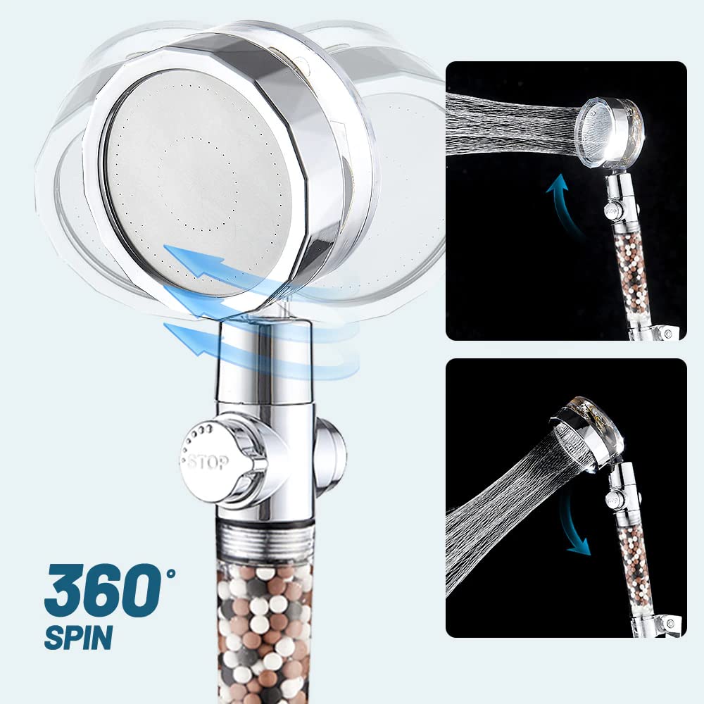 Turbo High Pressure Handheld Shower Head by MineralStream with Mineral Stones for Filtration | Perfect for Dry Hair & Skin | 360 Degree Spin Showerhead for Spa like Experience at Home