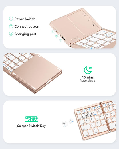 Samsers Foldable Bluetooth Keyboard with Touchpad - Portable Wireless Keyboard with Holder, Rechargeable Full Size Ultra Slim Pocket Folding Keyboards for Android Windows iOS Tablet & Laptop - Black