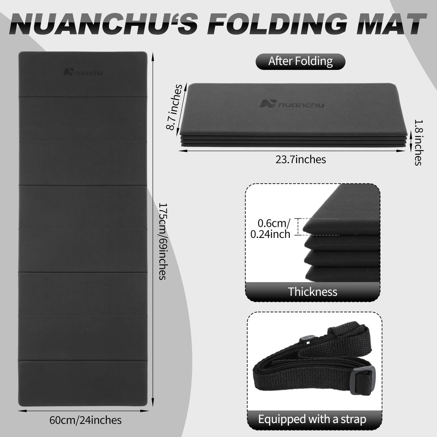 Nuanchu 3 Packs Foldable Yoga Mat Yoga Gift Non-slip Fitness Pilates Mats 6mm Thick with Strap Poe Material 69 x 24 x 0.24" Lightweight Multi-purpose Workout Mats for Exercise Home Travel(Black)