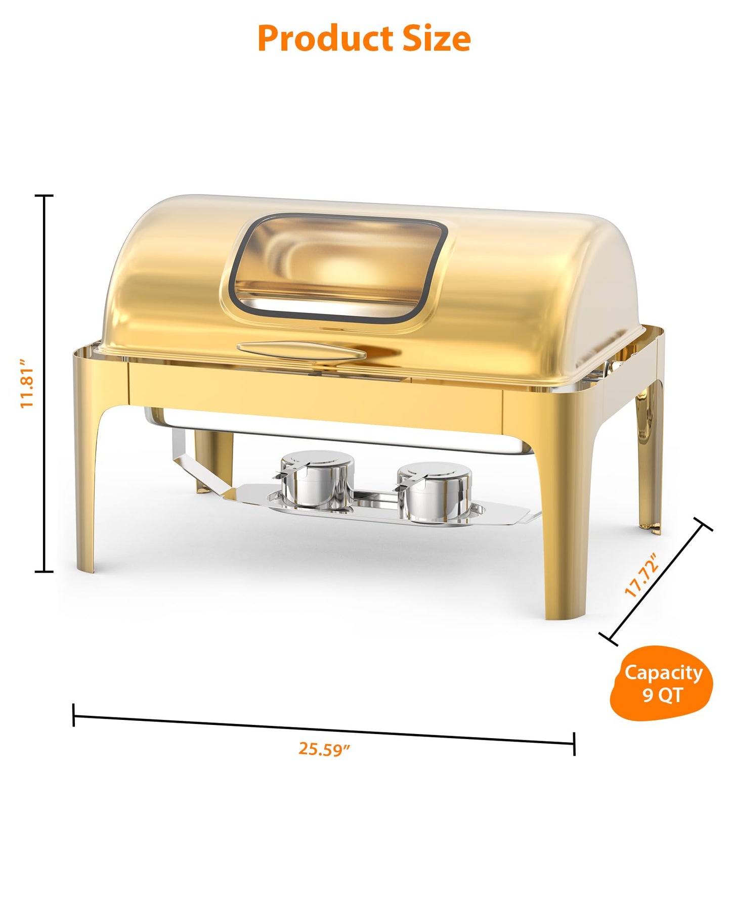 GarveeHome Roll Top Chafing Dish for Buffet, 9QT Retangle Stainless Steel Food Warmer Server with Visible Lid Water Pan Stand Fuel Holder Clip,for Parties, Birthday, Hotels and Weddings, Gold