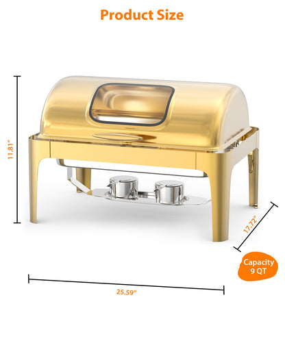 GarveeHome Roll Top Chafing Dish for Buffet, 9QT Retangle Stainless Steel Food Warmer Server with Visible Lid Water Pan Stand Fuel Holder Clip,for Parties, Birthday, Hotels and Weddings, Gold