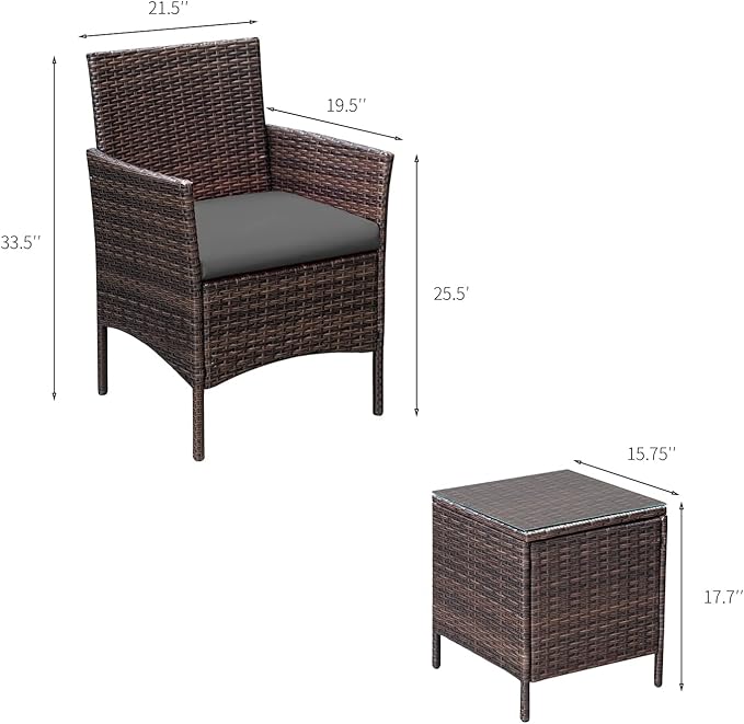 Greesum 3 Pieces Patio Furniture Sets Outdoor PE Rattan Wicker Chairs