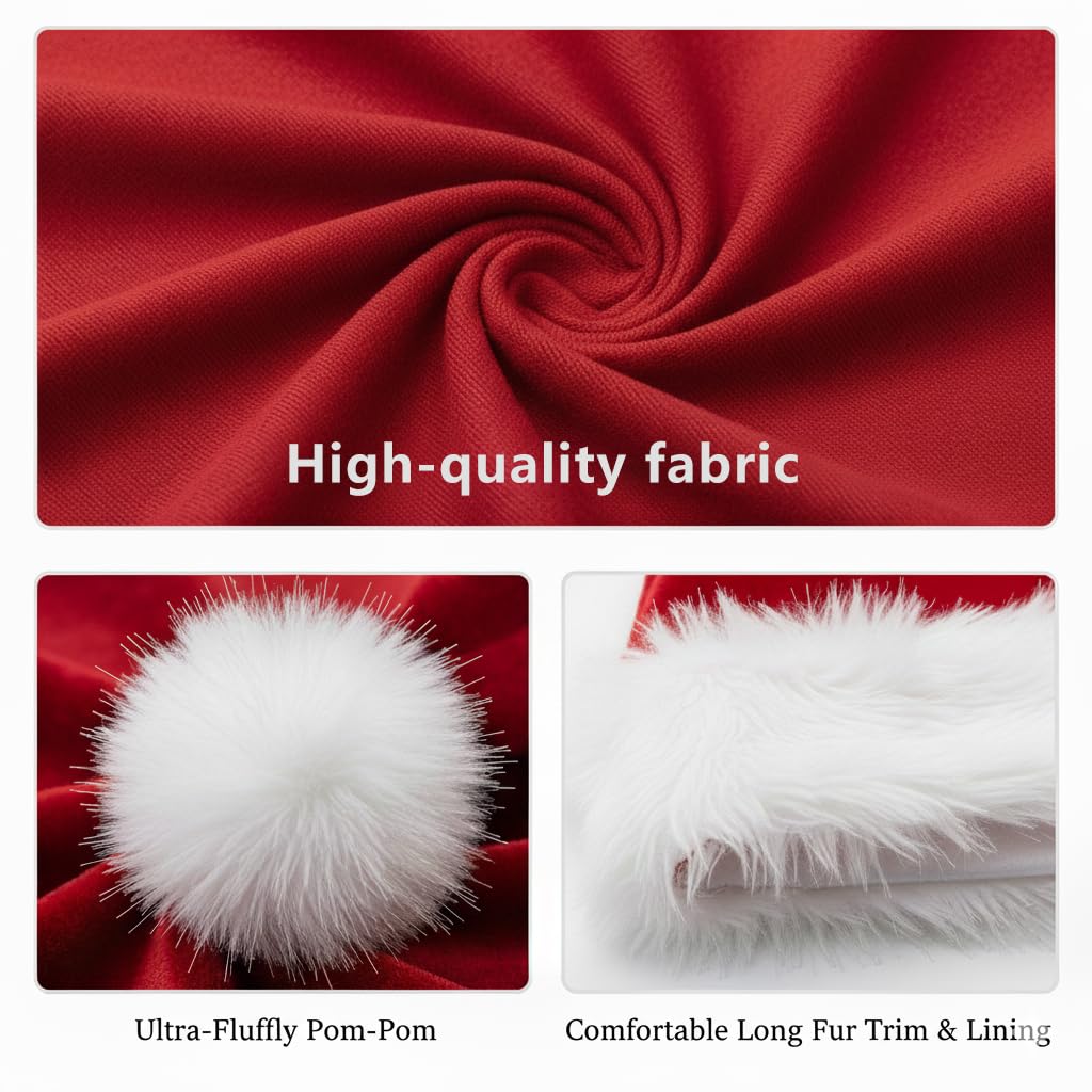 COOLJOY 6 Pack Plush Santa Hat, Traditional Red and White Plush Christmas Santa Hat for Christmas Party, Adult Size