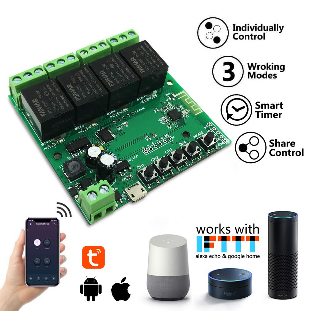 Newgoal 4-Channel WiFi Smart Switch Relay Module, TUYA/Smart Life App for Smart Home Remote Control, Momentary Time Adjustable, Compatible with Alexa/Google Assistant