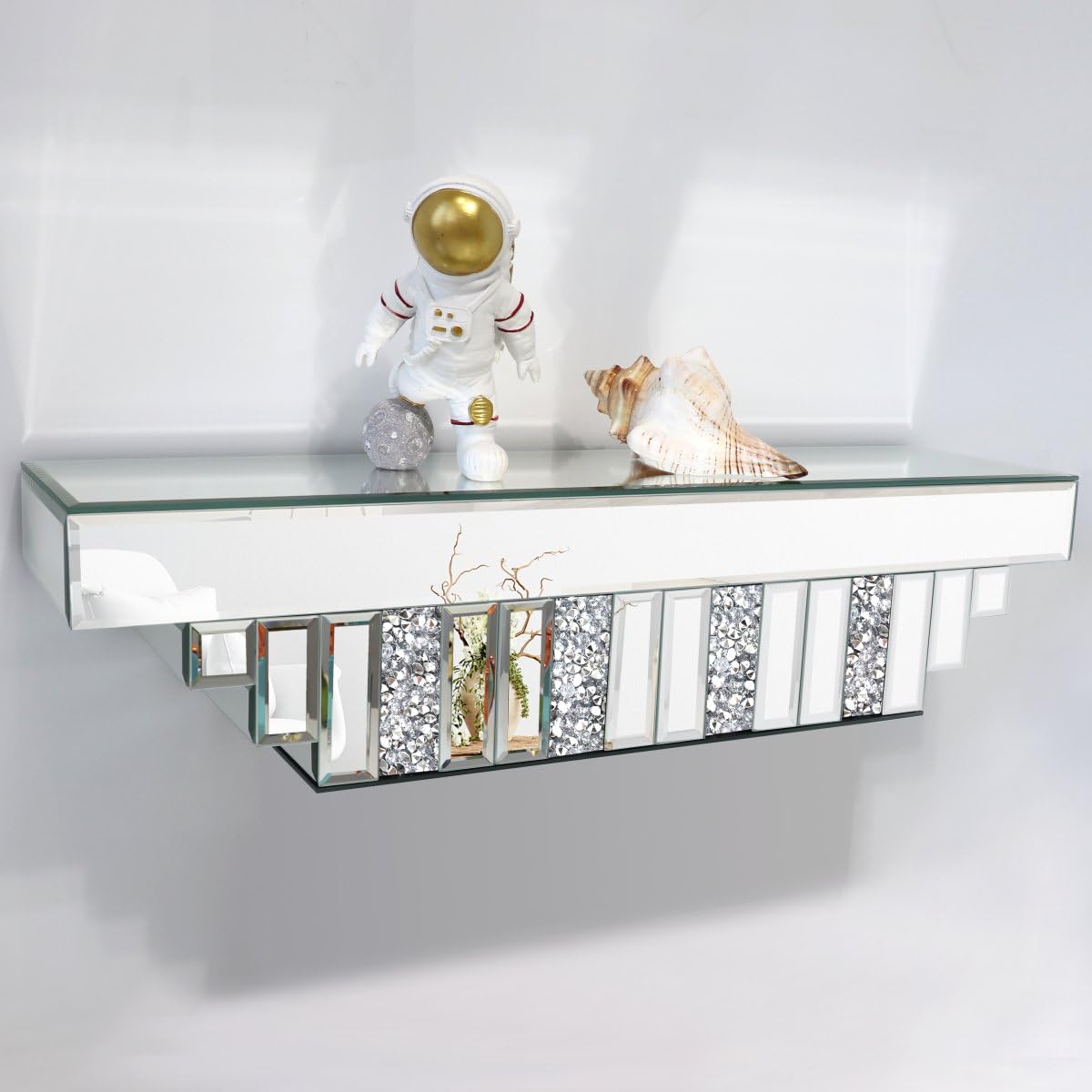 ST3000 Mirrored Floating Shelf for Wall-23 Crushed Crystal Diamond Wall Shelf, Silver Mirror Display Shelf for Bathroom, Living Room, Bedroom-Glam Art Deco Showcase for Perfume, Jewelry, Small Plants