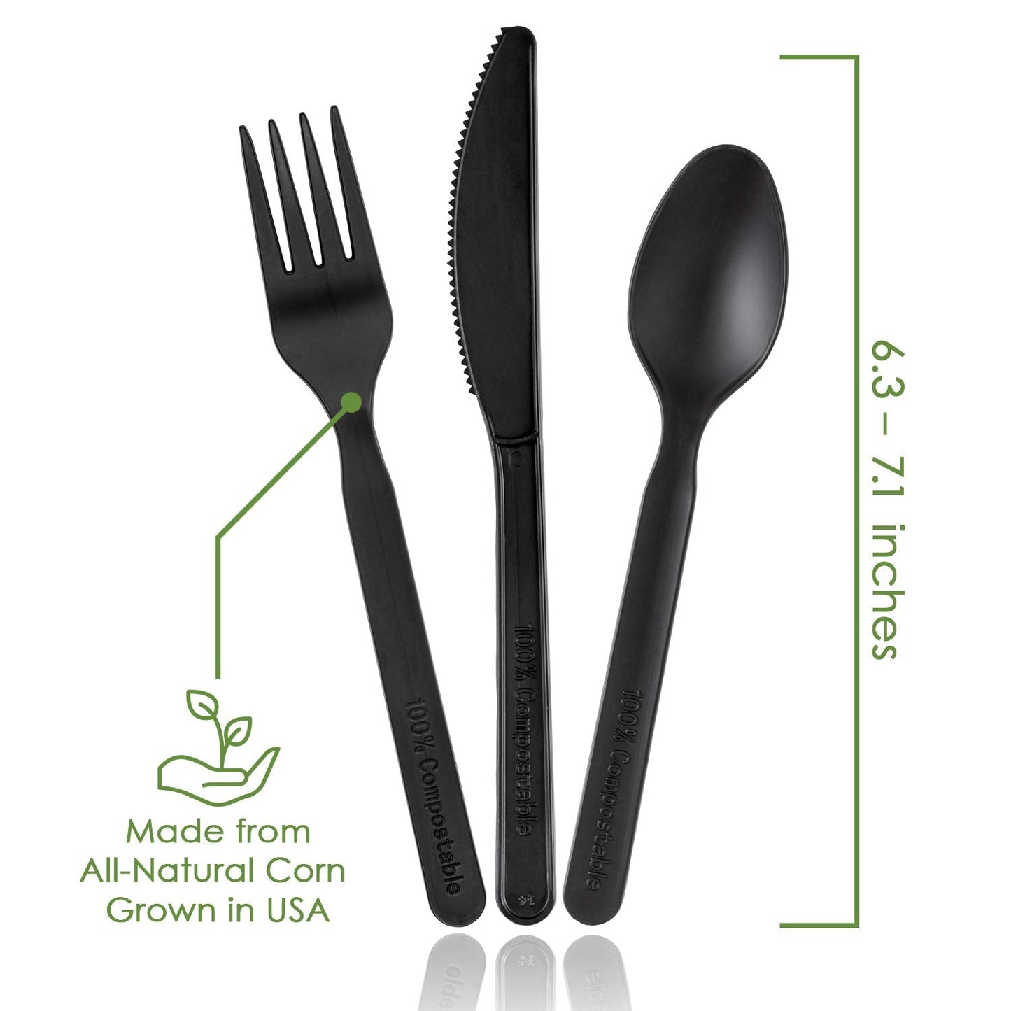 Ecovita 100% Compostable Forks Spoons Knives Cutlery Combo Set - 380 Large Disposable Utensils (7 in.) Eco Friendly Durable and Heat Resistant Alternative to Plastic Silverware with Convenient Tray