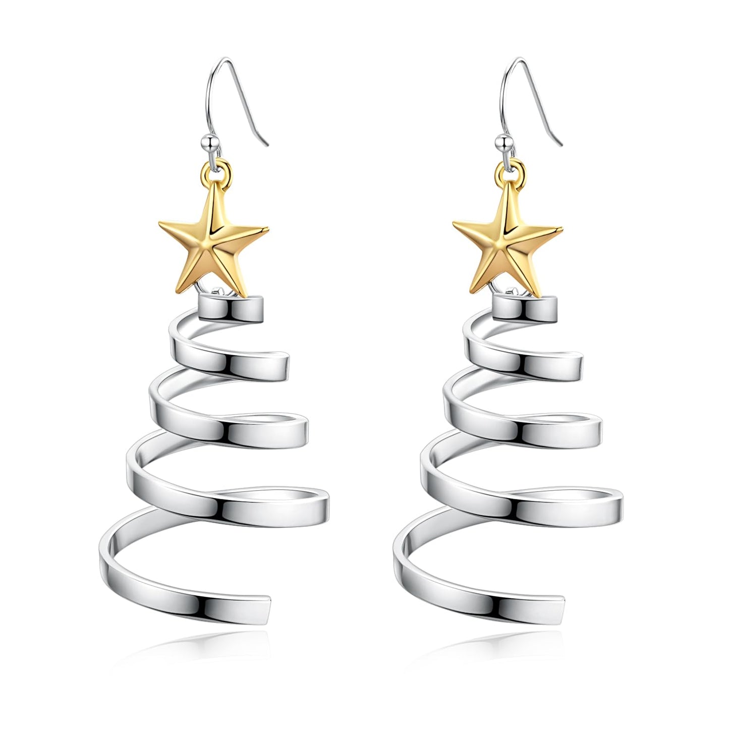 Handmade Christmas Tree Dangle Hoop Earrings Golden Silver Two Tone Women Holiday Gift, Thanksgiving Themed Earrings, Christmas Party Gift