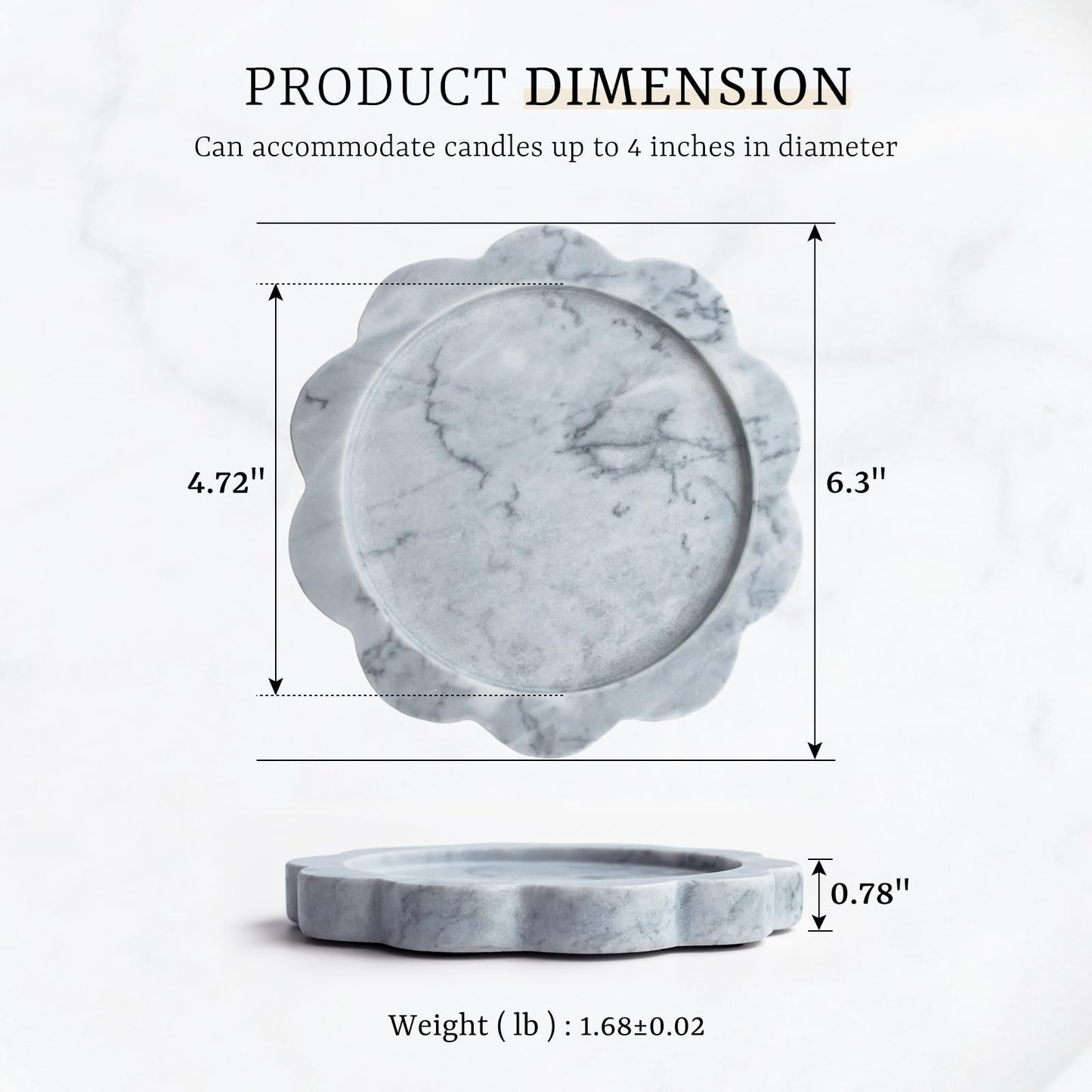 Natural Marble Candle Holder, Elegant Marble Scalloped Tray for Countertop, Solid Feel, Smooth Finish, Catchall for Jar Pillar Candles, Perfume, Key, Jewelry Dish, 6.3" Diameter