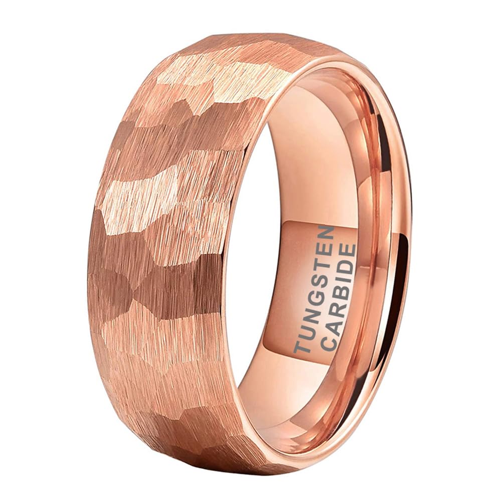 TUTISS 8mm Rose Gold Hammered Tungsten Rings for Men Women Engagement Wedding Bands Domed Matte Finish Comfort Fit Size 8