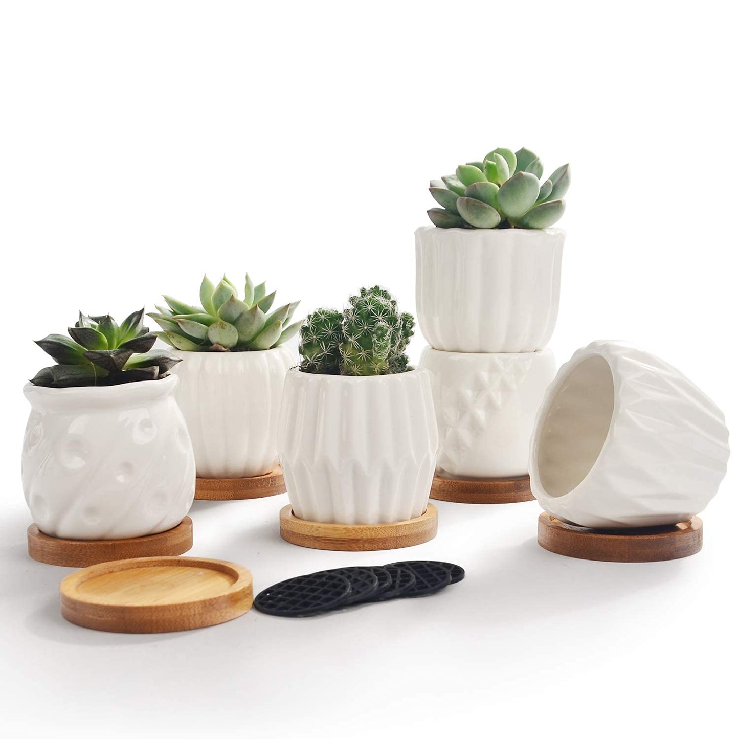 B SEPOR Set of 6 White Simple Porcelain Planters for Small Plant Pots Baby Succulent Cactus with Drainage and Saucer for Home Office Decoration Gift(White Stripes)