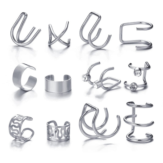 coadipress Ear Cuffs Earrings Set for Women Non-Piercing Stainless Steel Dainty Helix Cartilage Ear Clip On Wrap Earring Set Fake Nose Ring Non-Piercing Adjustable (Silver)