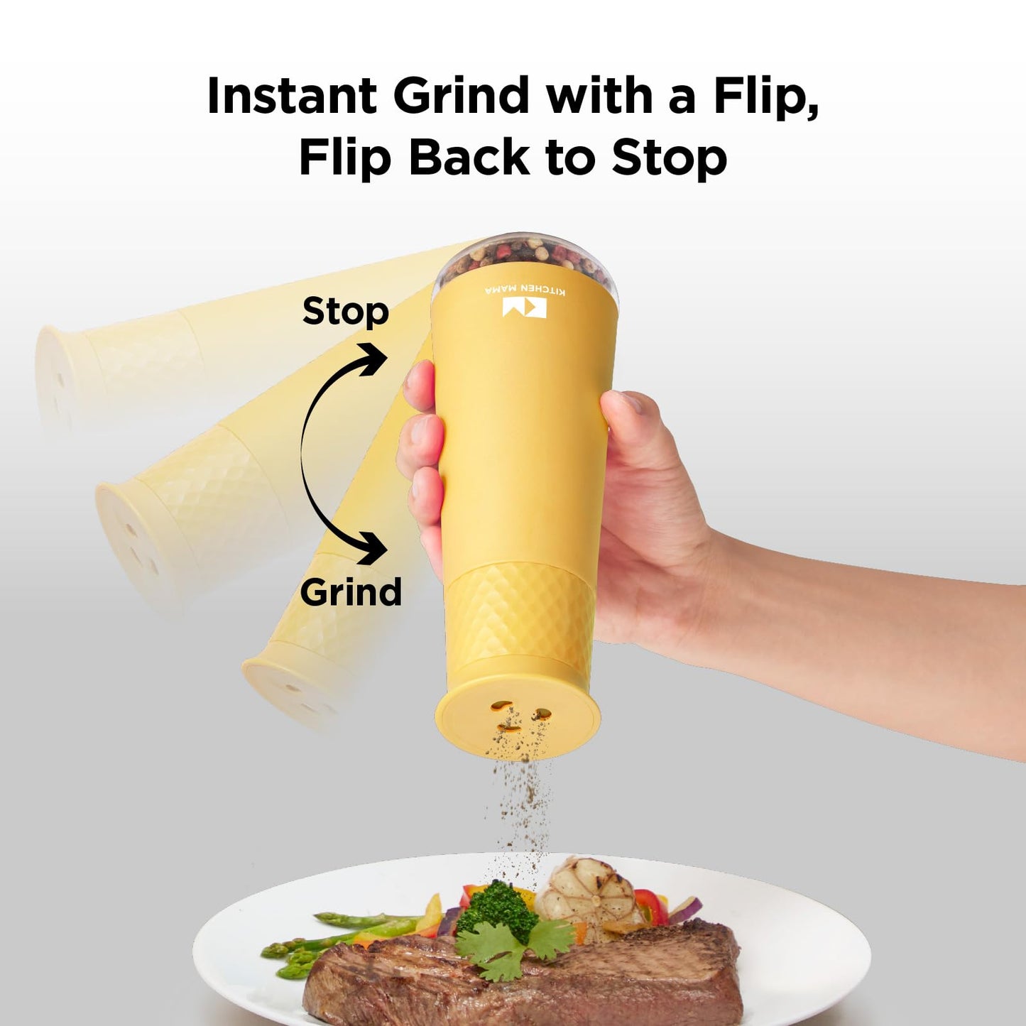 Kitchen Mama FlipTastic Rechargeable Salt and Pepper Grinder – Gravity Electric Grinder, Pepper Mill, Adjustable Coarseness, One-Hand Operation, Refillable Salt and Pepper Mill for Kitchen (Yellow)