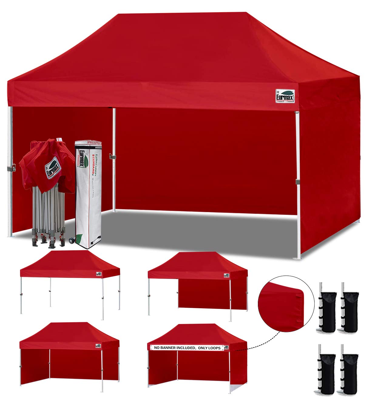 Eurmax USA 10x15 Pop Up Canopy Tent,Commercial Tent with Patented No-Tip Rolling Bag,4 Zippered Removable Walls,UV & Water Resistant Canopy Top,Heavy Duty Outdoor Gazebo,Instant Shelters(Red)