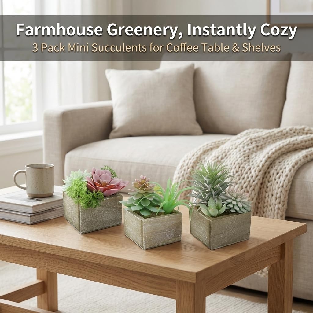 Succulent Plants Artificial, 3 Pack Small Fake Plants in Wood Pot for Home Decor, Farmhouse Artificial Plants Indoor for Living Room Bathroom Bedroom Office Kitchen Desk Wedding Coffee Table Decor