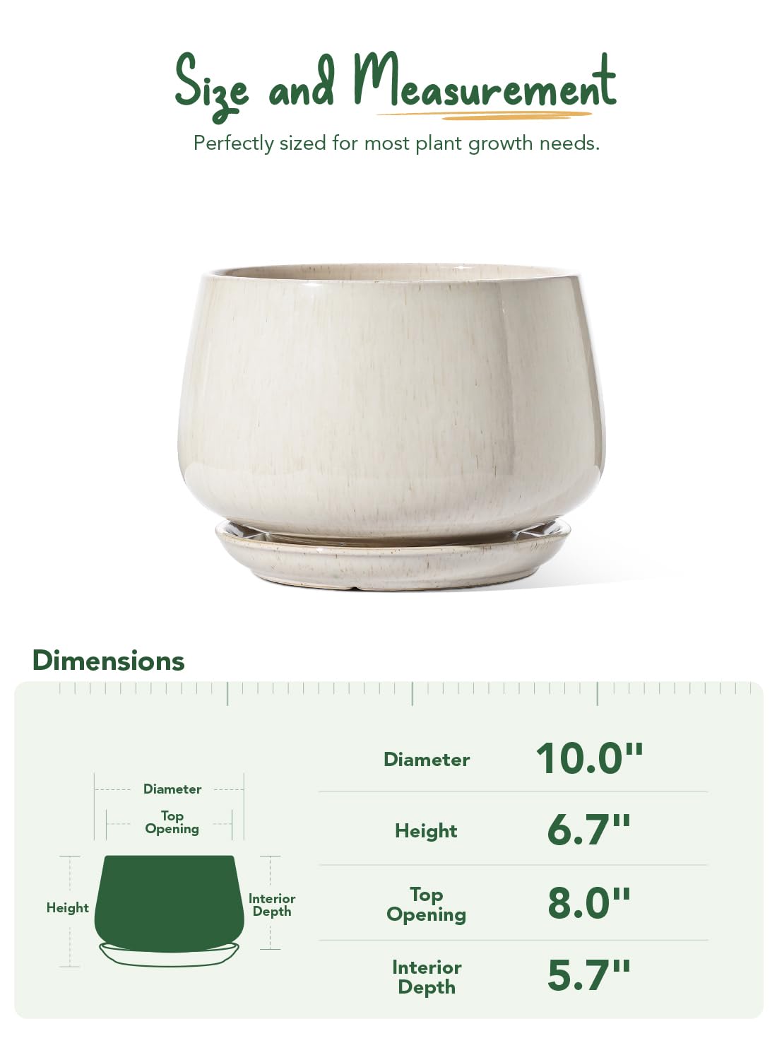 LE TAUCI Ceramic Planter, 10 Inch Plant Pot with Drainage Hole & Saucer – Durable Indoor Planter for Modern Home Decor, Reactive Glaze Beige