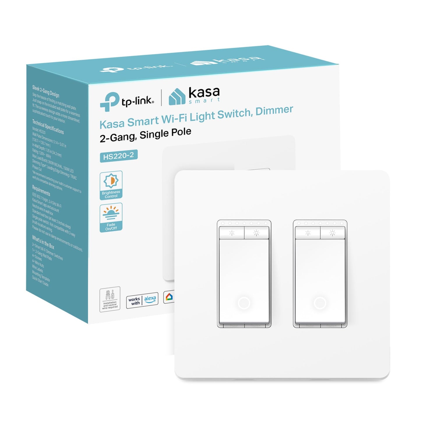 Kasa Smart Switch 2-Gang HS200-2, Single Pole,Neutral Wire Required, 2.4GHz Wi-Fi Light Switch Compatible with Alexa and Google Home, UL Certified, No Hub Required, White