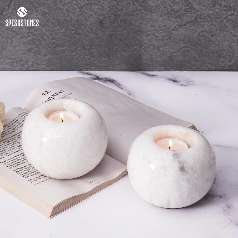 SPESHSTONES Marble Tealight Candle Holder 4 Inch White Votive Candle Holders for Centerpieces Dining Table & Small Tea Lights Candles Set of 2 for Birthday & Wedding Decor