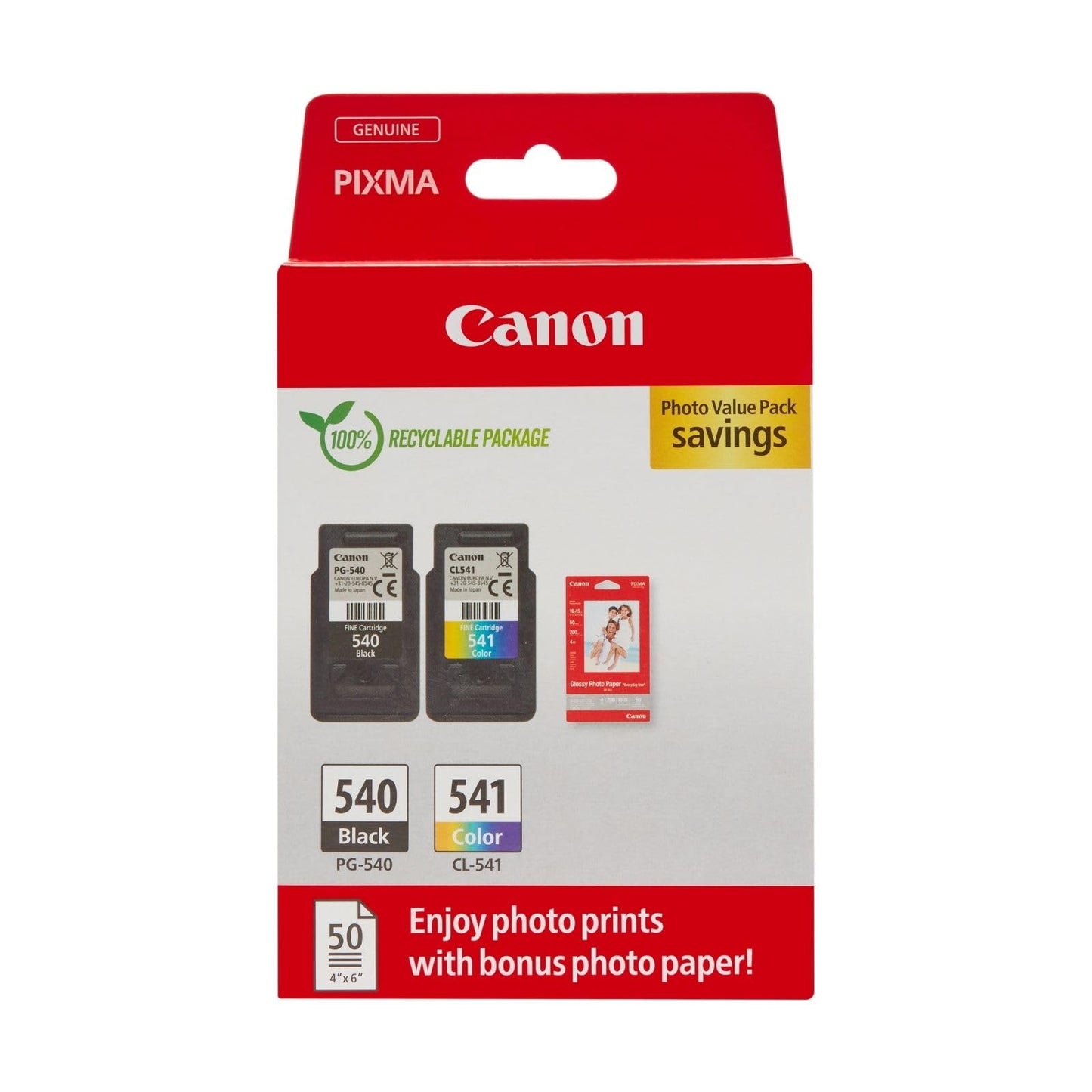 Canon Ink & Paper Multipack - PG-540/CL-541 Genuine Printer Ink Cartridges 2 Pack (1 x Black, 1 x Colour) & 4x6 Photo Paper (50 x Sheets)
