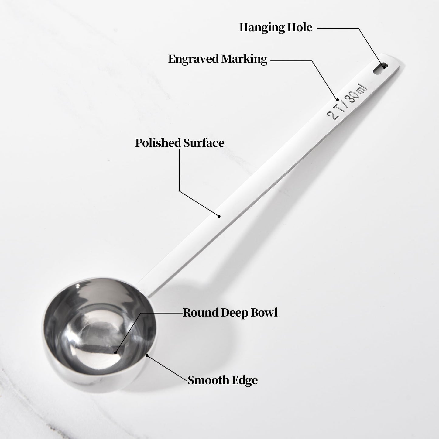 Lilybeam Long Handle Coffee Scoop: 8.6 Inch 18/8 Stainless Steel 2 Tablespoon Metal Measuring Spoon Tbsp Scoop for Coffee Beans, Grounds, Coffee Powder, Tea, Tall Jars (2Tbsp/30ml)