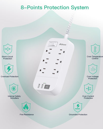Power Strip - 10 FT Long Flat Plug Extension Cord, 6 Outlets 2 USB A 2 USB C Ports Outlet Extender with Overload Protection, Wall Mount, Desktop Charging Station for Home, Office and Dorm Essential