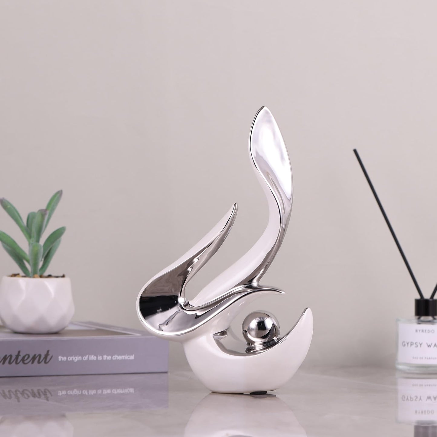 PlivBloom Silver Living Room Decor Table,Sculptures Home Decor,Modern Abstract Art,Dinner Table Centerpiece Decor,Ceramic Statue and Figurines Decorations Accent,Adorno Para Mesa Comedor(White Silver)