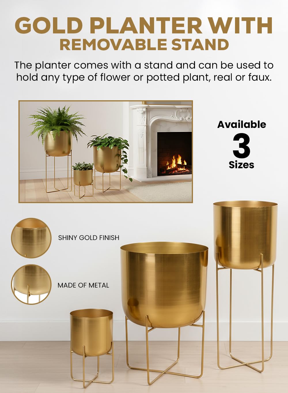 Serene Spaces Living (Set of 4 Short Gold Planter with Detachable Metal Stand, Decorative Indoor Planter Pot, Flower Pots Stand for Living Room, Kitchen, Office, Measures 13" Tall and 7.25" Diameter