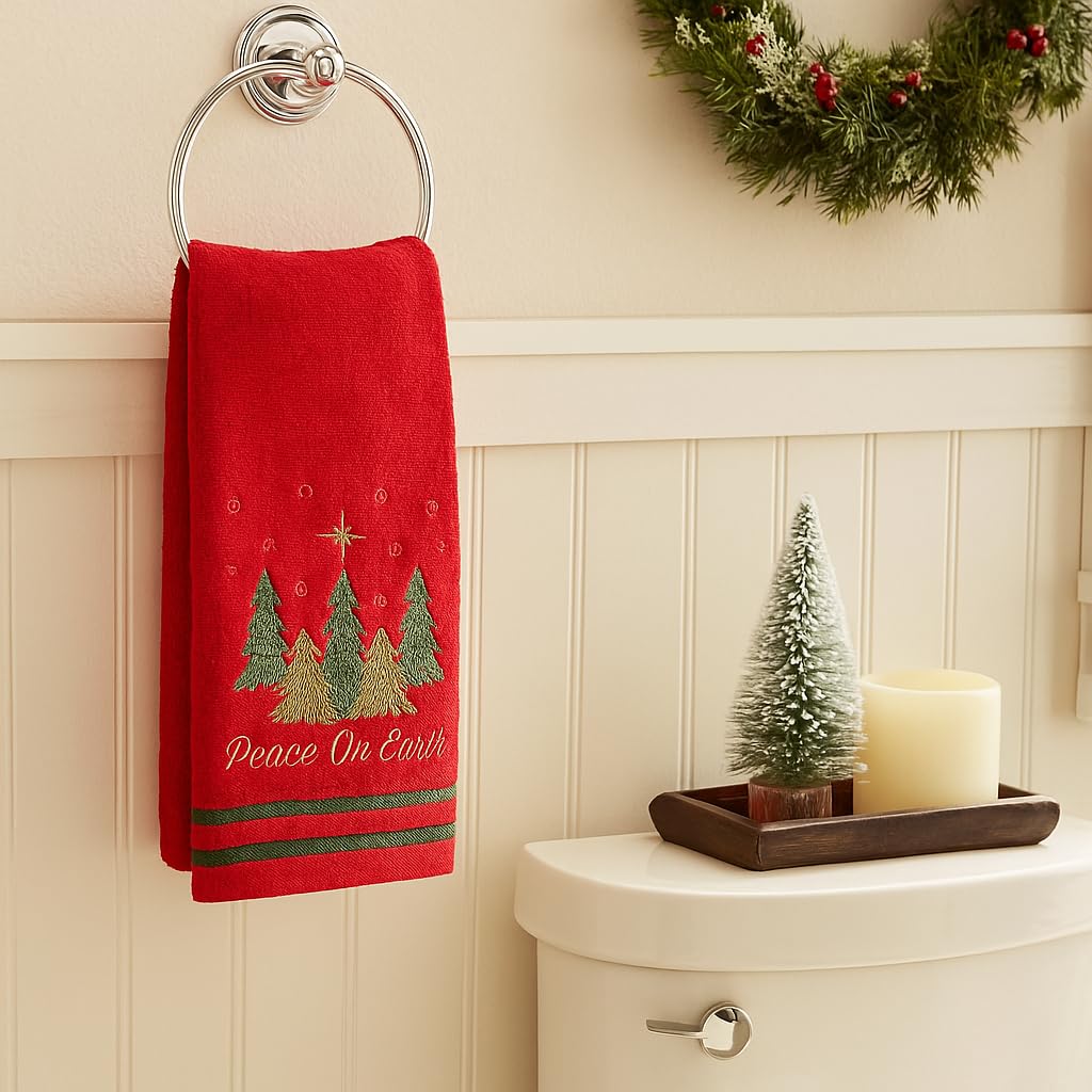 Serafina Home Christmas Hand Towels for Bathroom – Set of 2 Red 100% Cotton Embroidered Christmas Trees & “Peace On Earth” Phrase Design – 25 x 16” Decorative Holiday Bath & Kitchen Towels