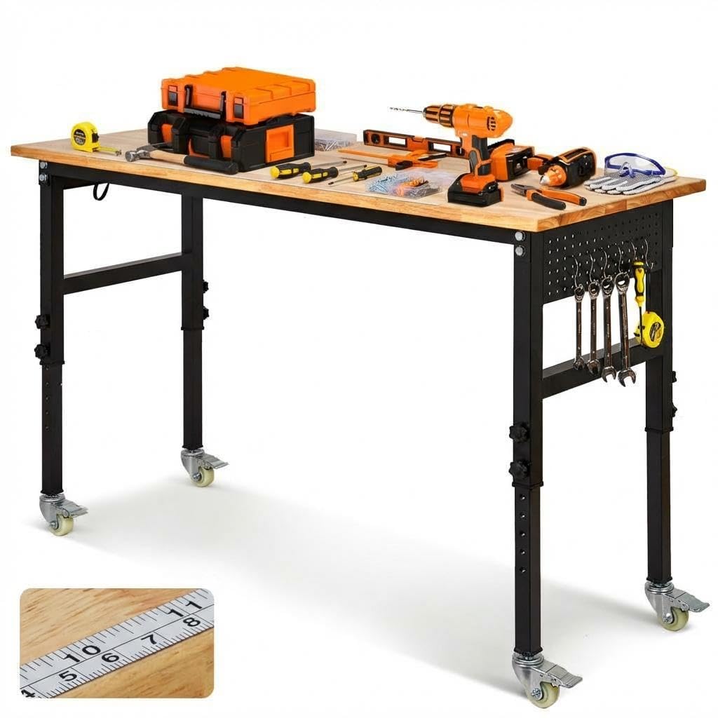60" x 24" Heavy Duty Workbench with ETL Power Outlet, 8-Level Height Adjustment (29.5"-39.4"), Rubberwood Top with 2000 Lbs Capacity, for Garage/Workshop/Home Office, Metal Casters & Pegboard